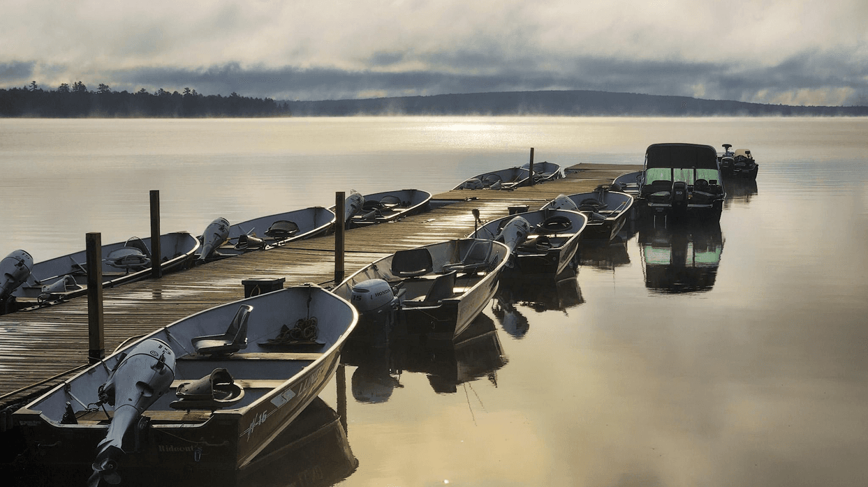 Boats by dock at dawn